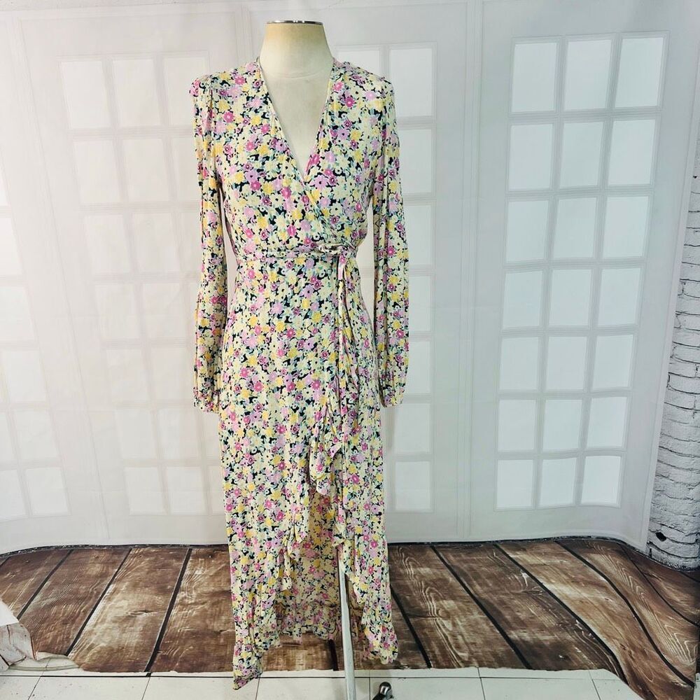 Laurella Multicolor Floral Long Sleeve Ruffle True Wrap Maxi Dress Size XS